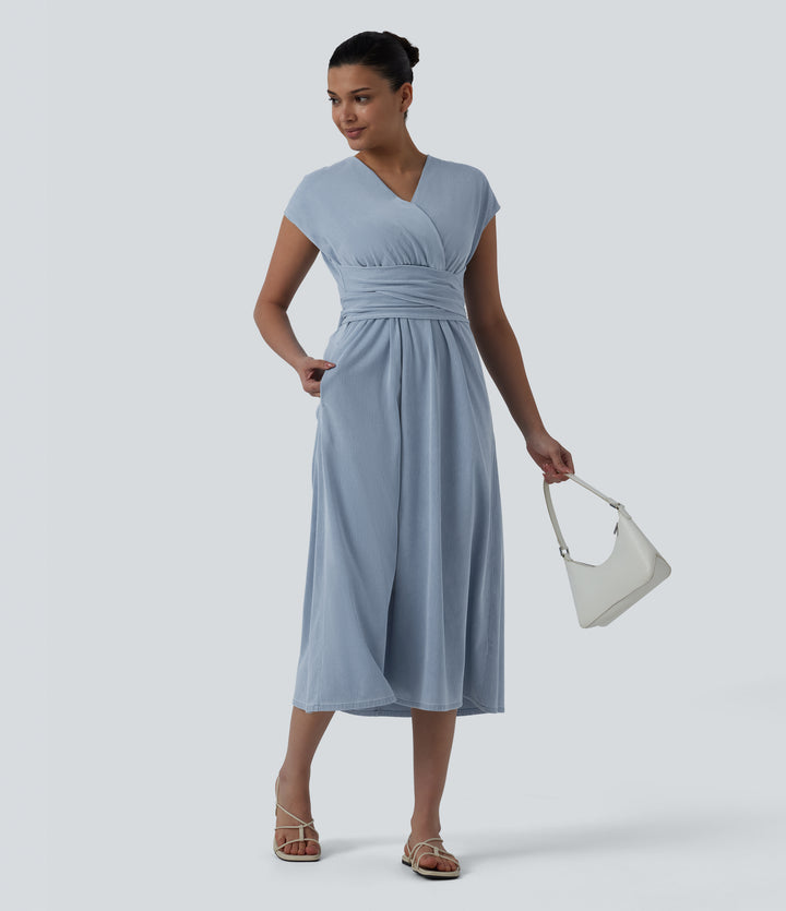 V Neck Short Sleeve Tie Back Denim Midi Casual Dress with Pockets — Baltic Sea Blue Denim — view 1