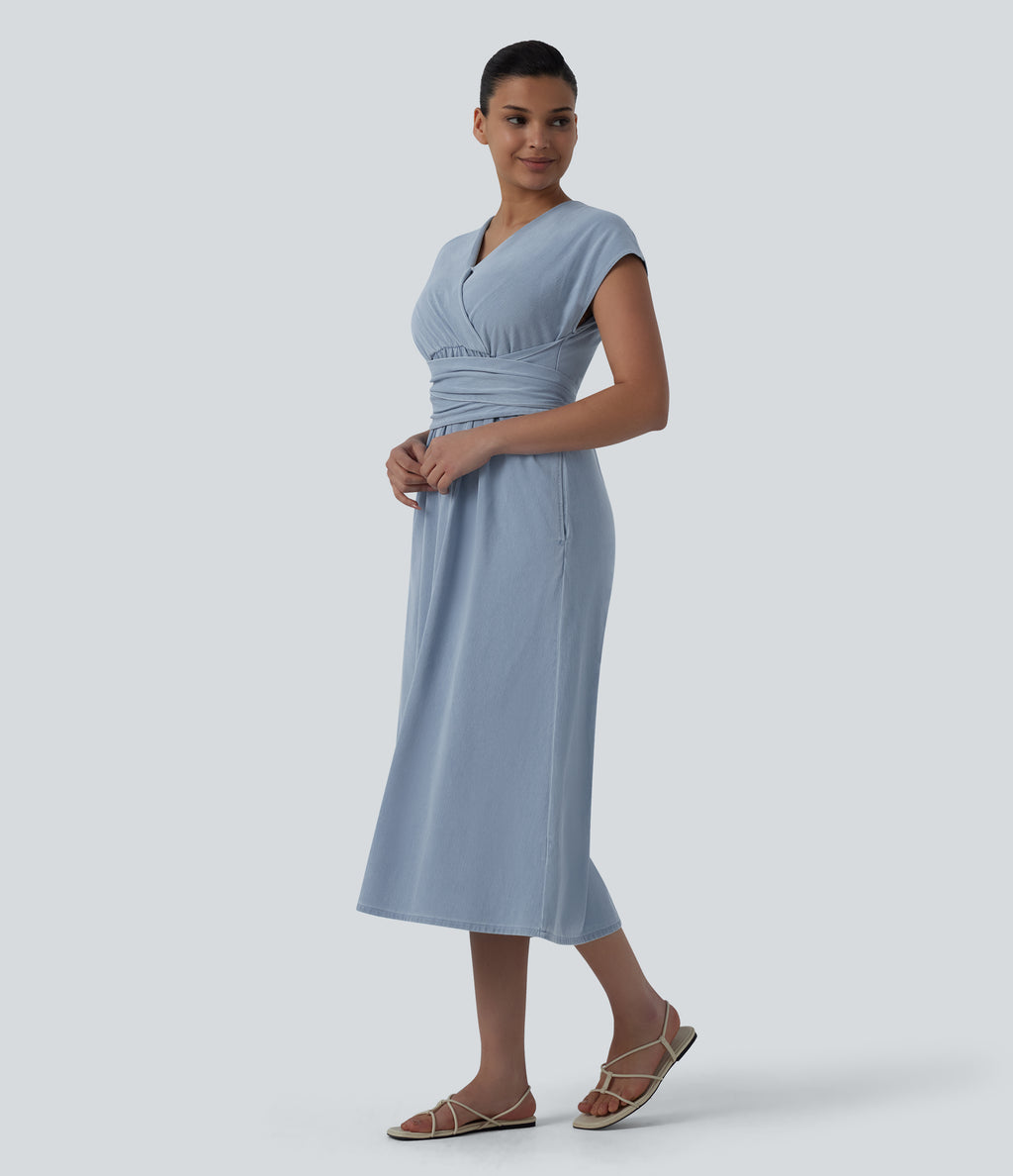 V Neck Short Sleeve Tie Back Denim Midi Casual Dress with Pockets — Baltic Sea Blue Denim — view 3