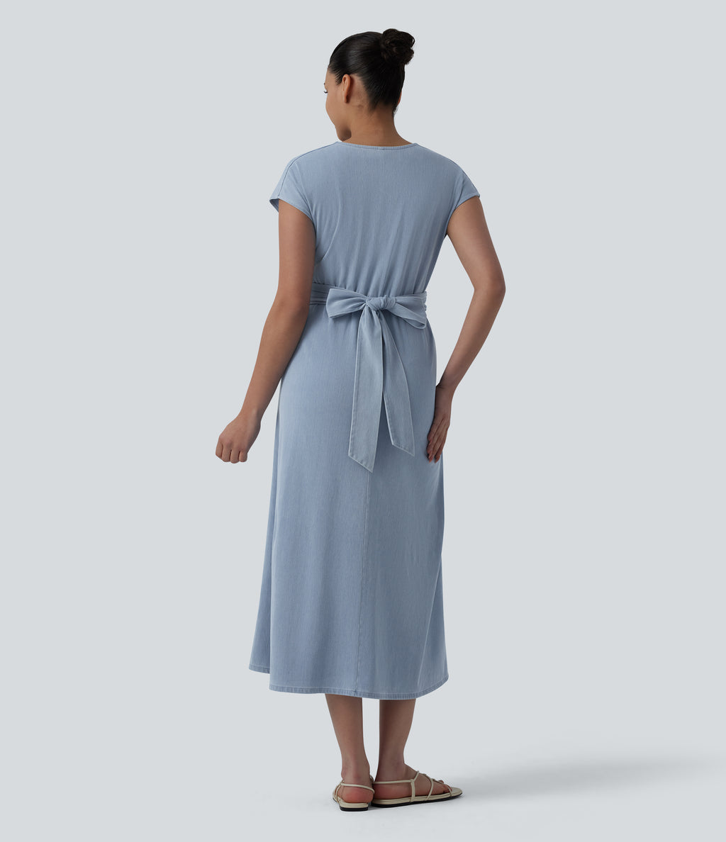 V Neck Short Sleeve Tie Back Denim Midi Casual Dress with Pockets — Baltic Sea Blue Denim — view 2