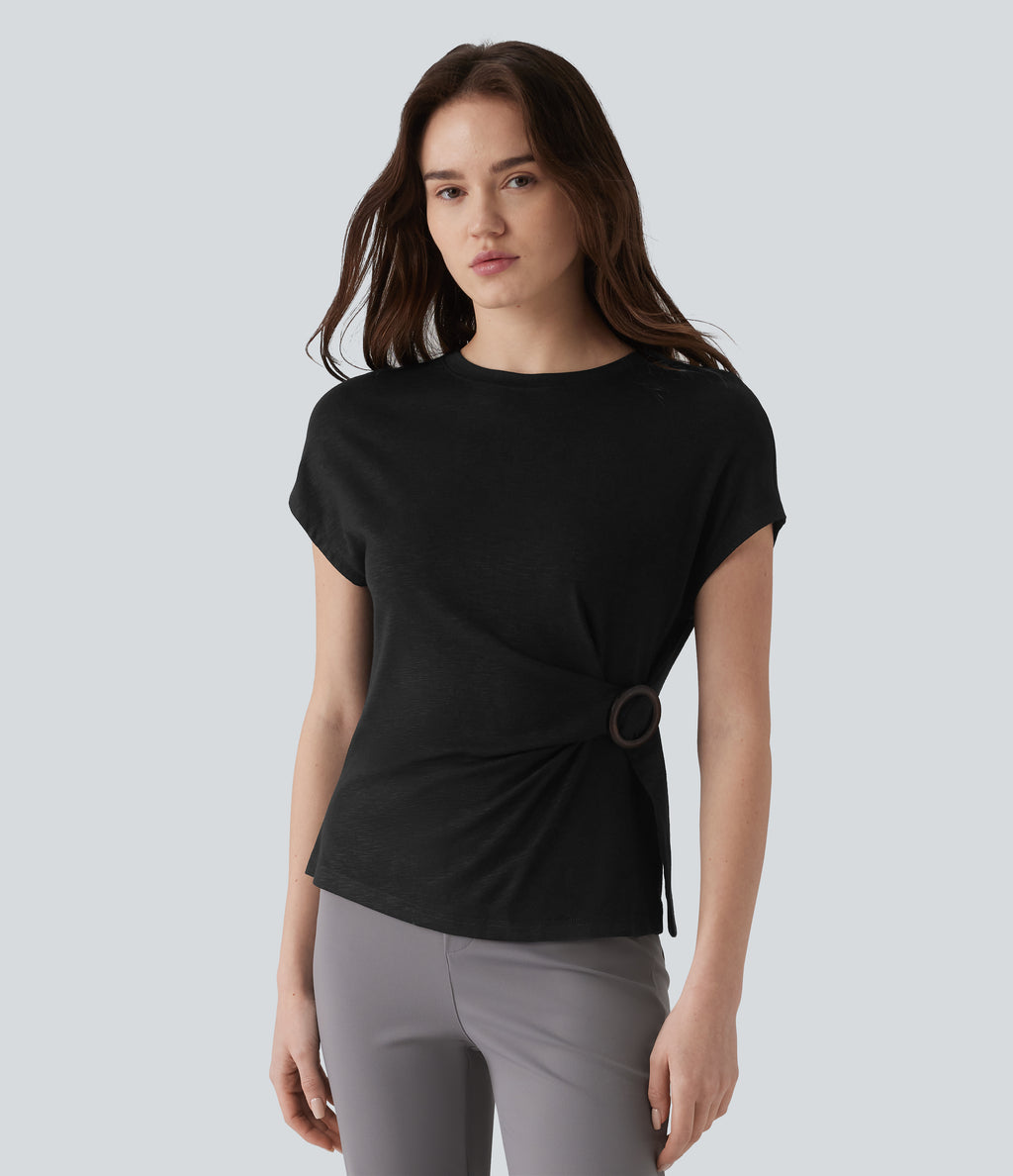 Round Neck Cap Sleeve Work Top — Black — view 4