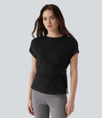 Round Neck Cap Sleeve Work Top — Black — view 4
