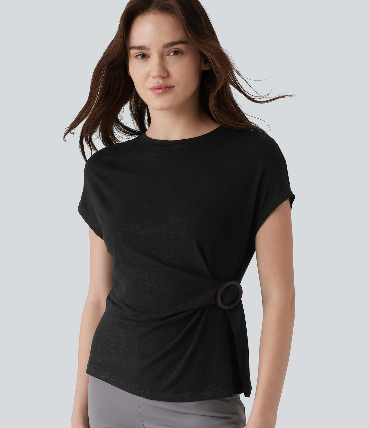 Round Neck Cap Sleeve Work Top — Black — view 1