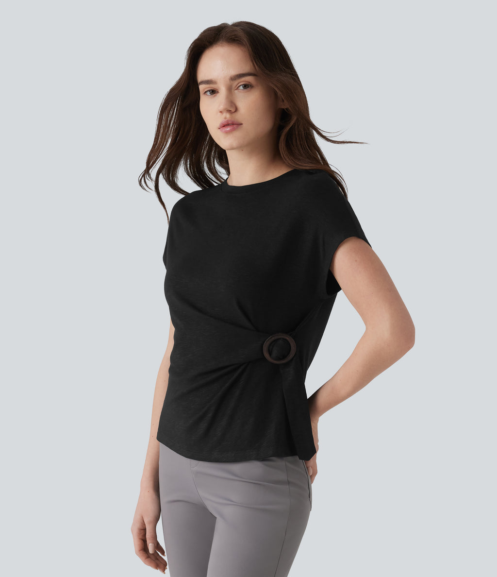 Round Neck Cap Sleeve Work Top — Black — view 3