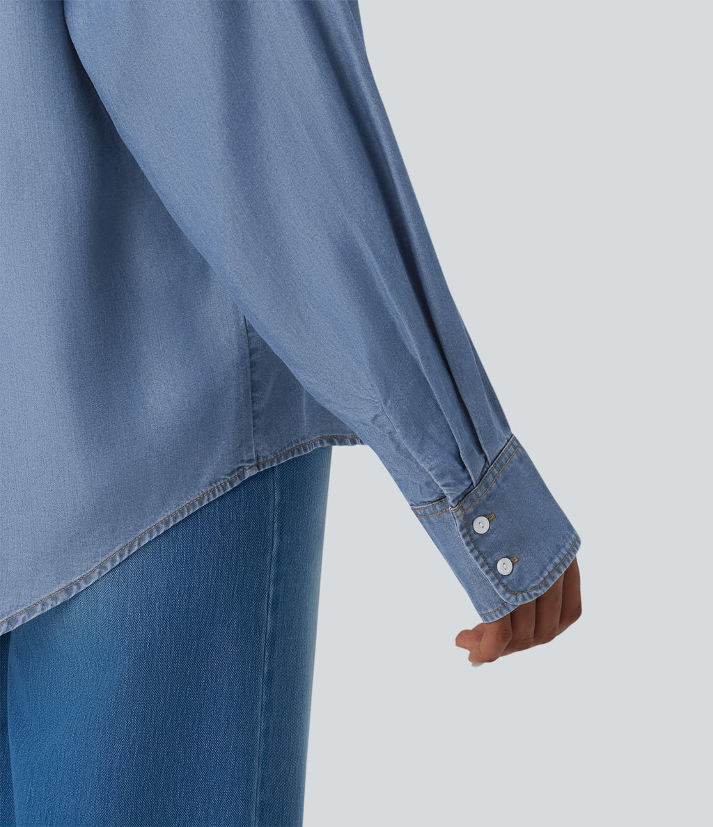 Long Sleeve Denim Casual Shirt with Pockets — Tide Blue Denim — view 4