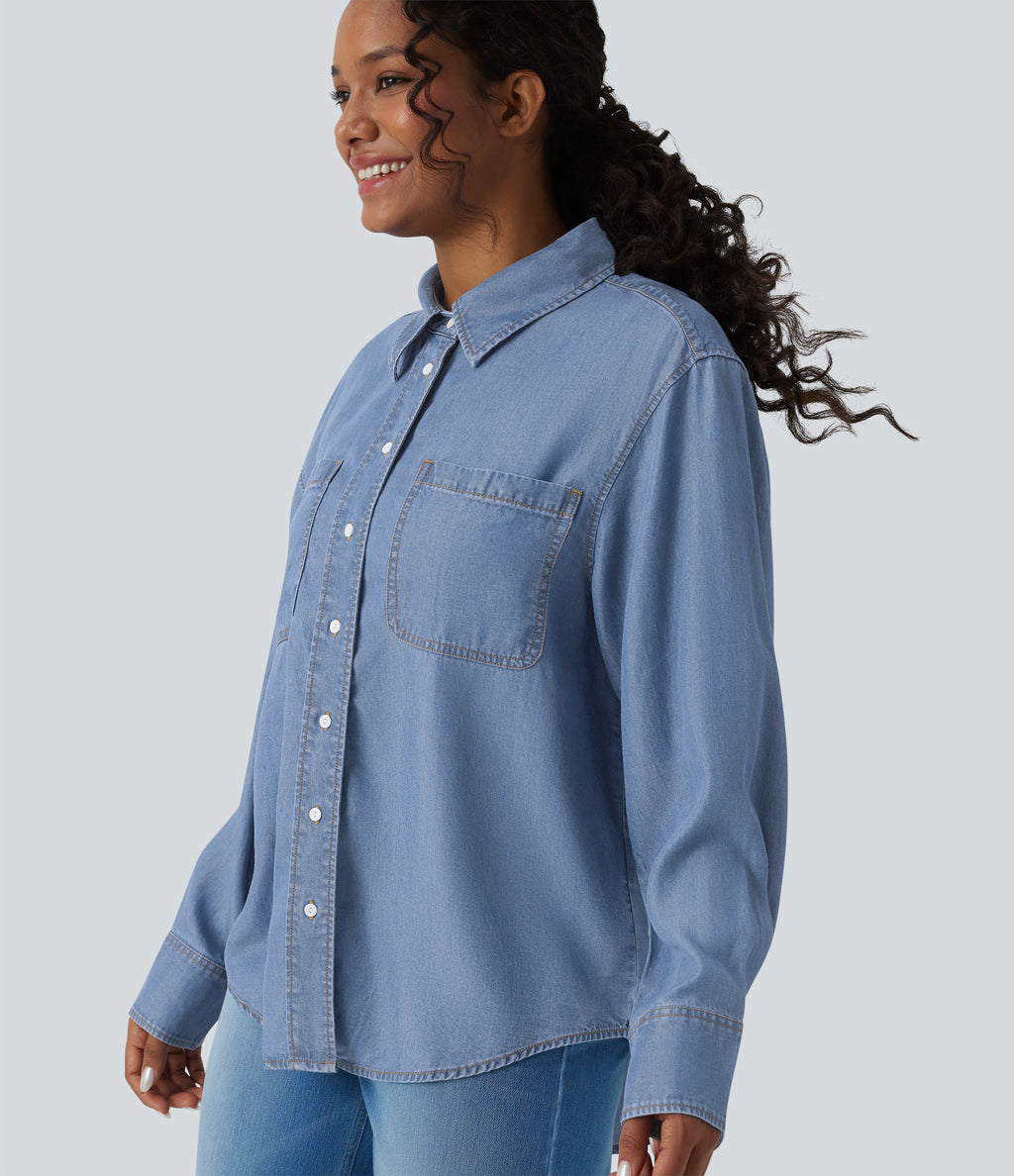 Long Sleeve Denim Casual Shirt with Pockets — Tide Blue Denim — view 5