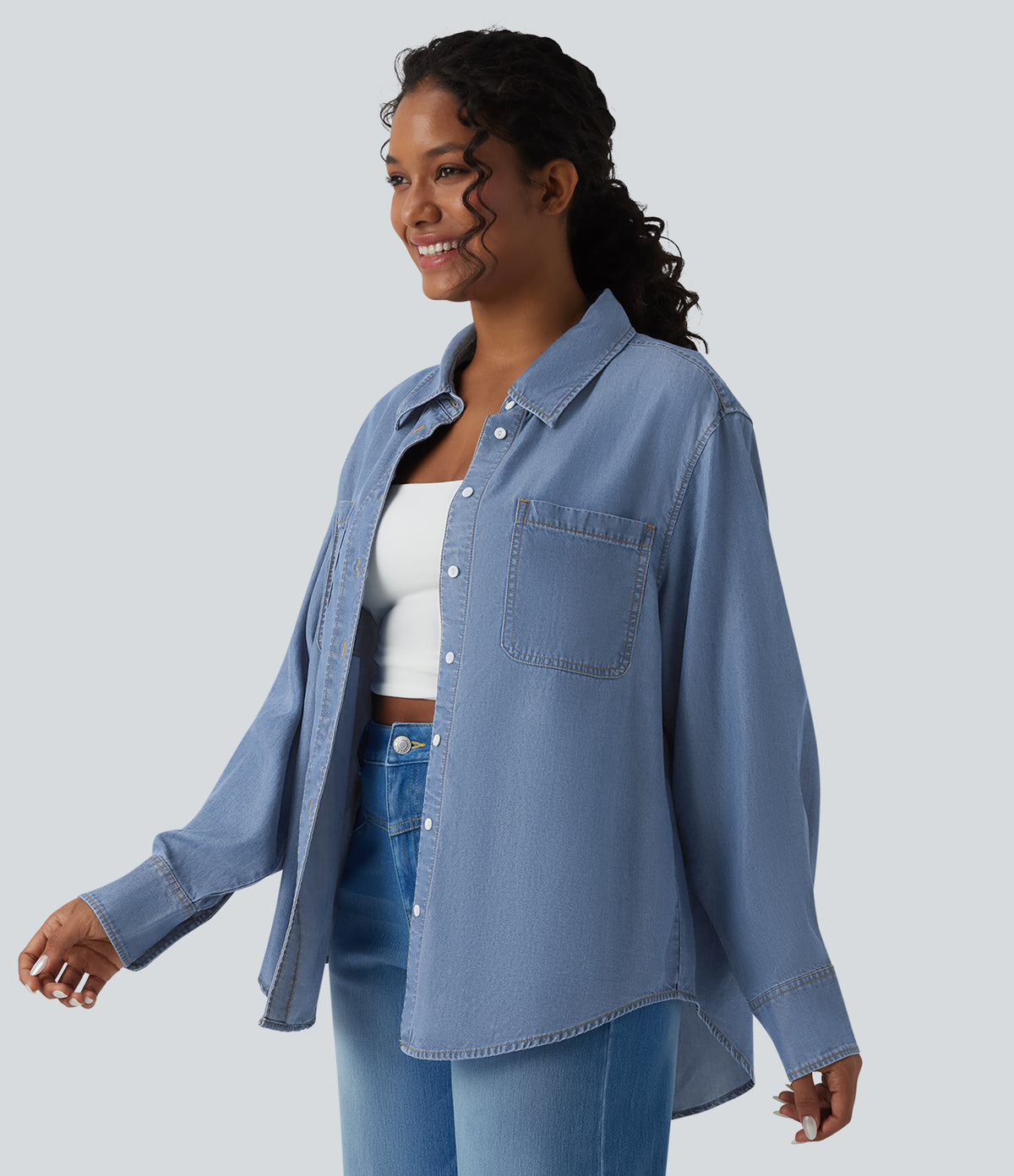 Long Sleeve Denim Casual Shirt with Pockets — Tide Blue Denim — view 3