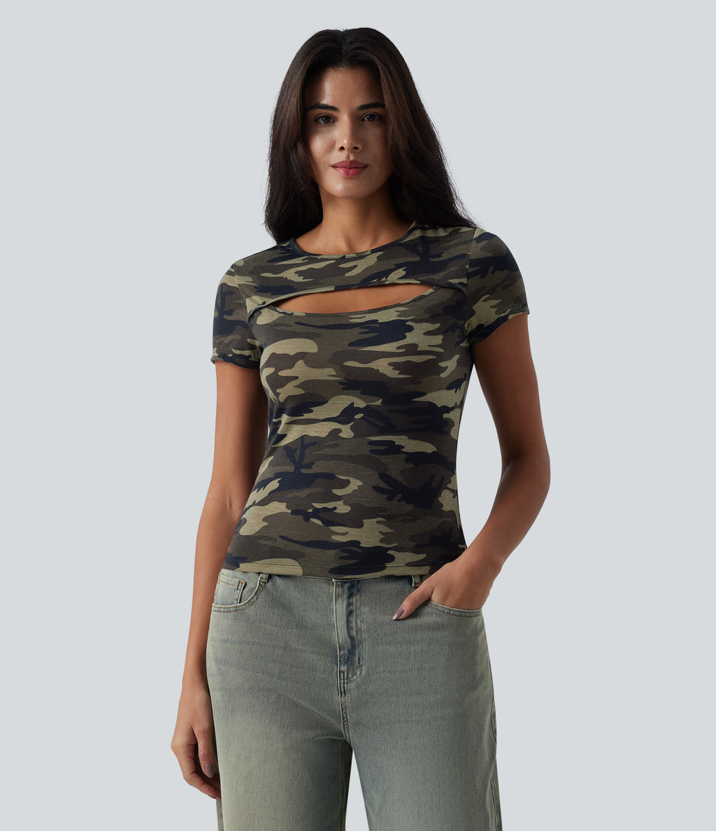 Round Neck Short Sleeve Cut Out Camo Casual T-Shirt — Born to be Wild - Green Camo — view 4