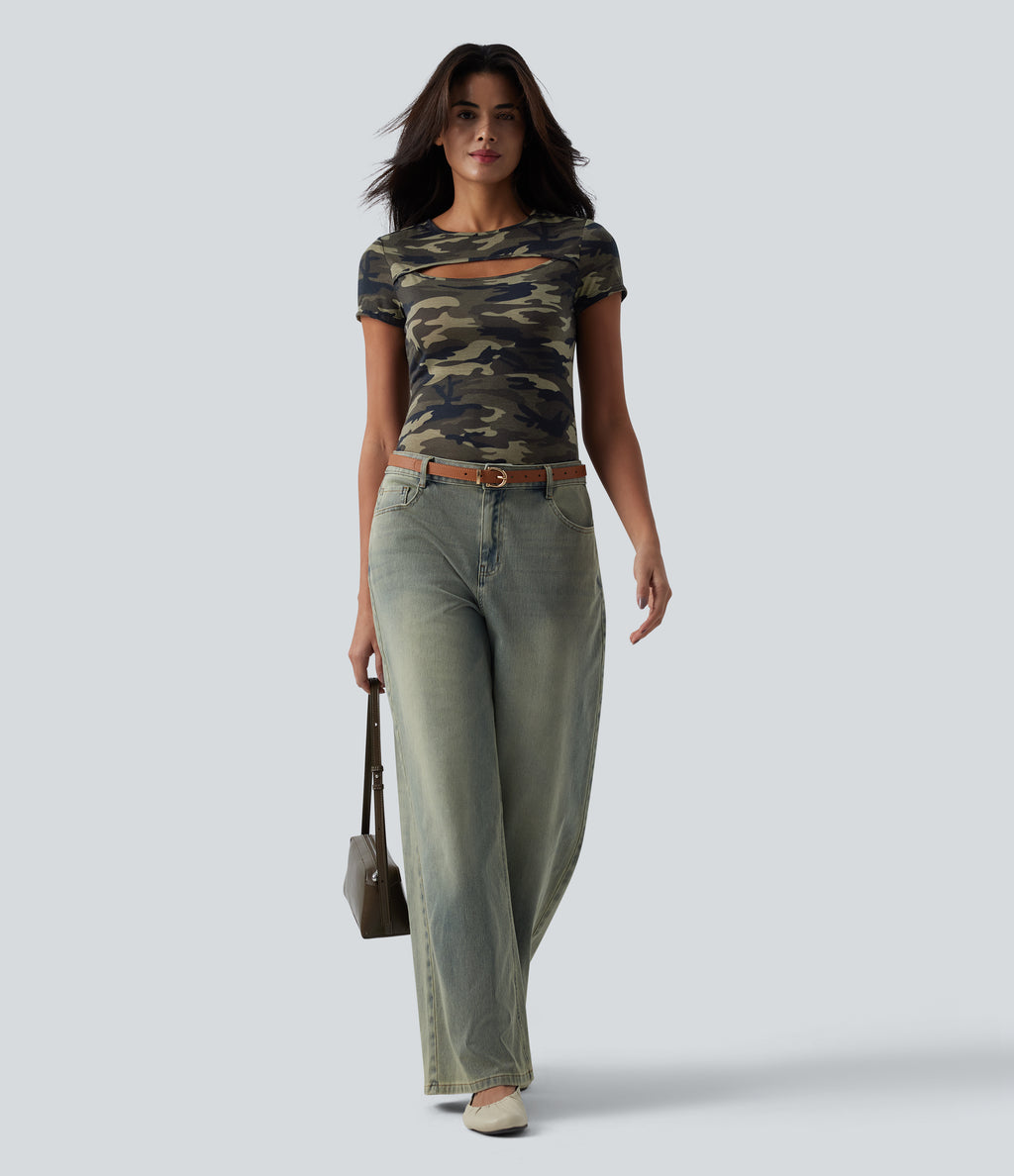 Round Neck Short Sleeve Cut Out Camo Casual T-Shirt — Born to be Wild - Green Camo — view 7