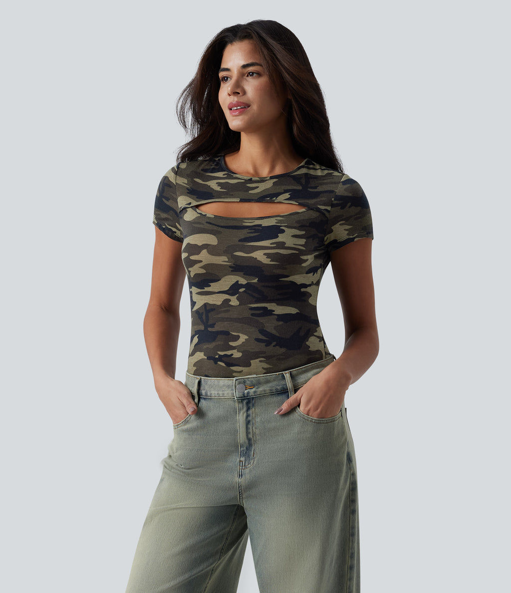 Round Neck Short Sleeve Cut Out Camo Casual T-Shirt — Born to be Wild - Green Camo — view 3