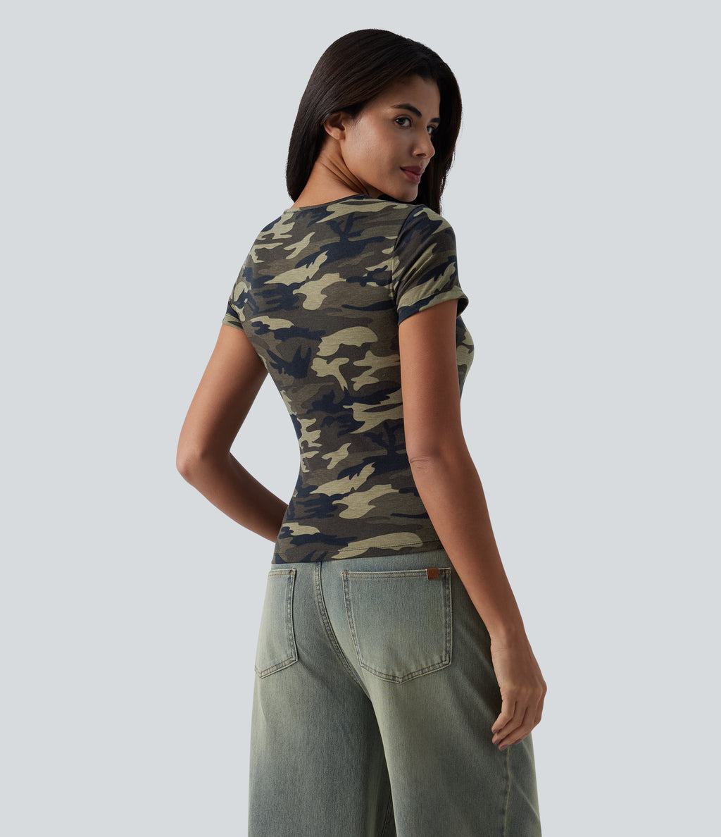 Round Neck Short Sleeve Cut Out Camo Casual T-Shirt — Born to be Wild - Green Camo — view 5