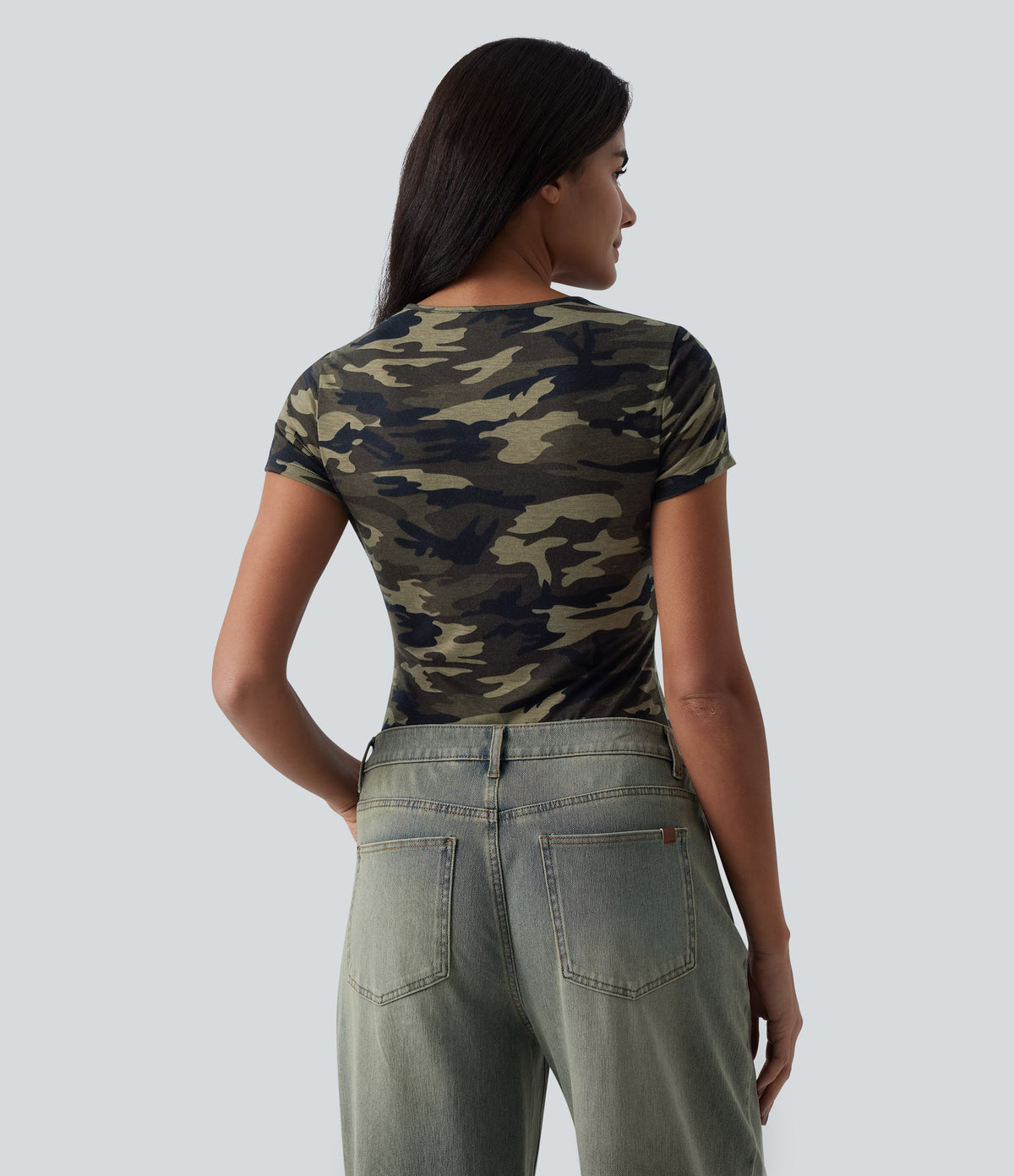 Round Neck Short Sleeve Cut Out Camo Casual T-Shirt — Born to be Wild - Green Camo — view 2