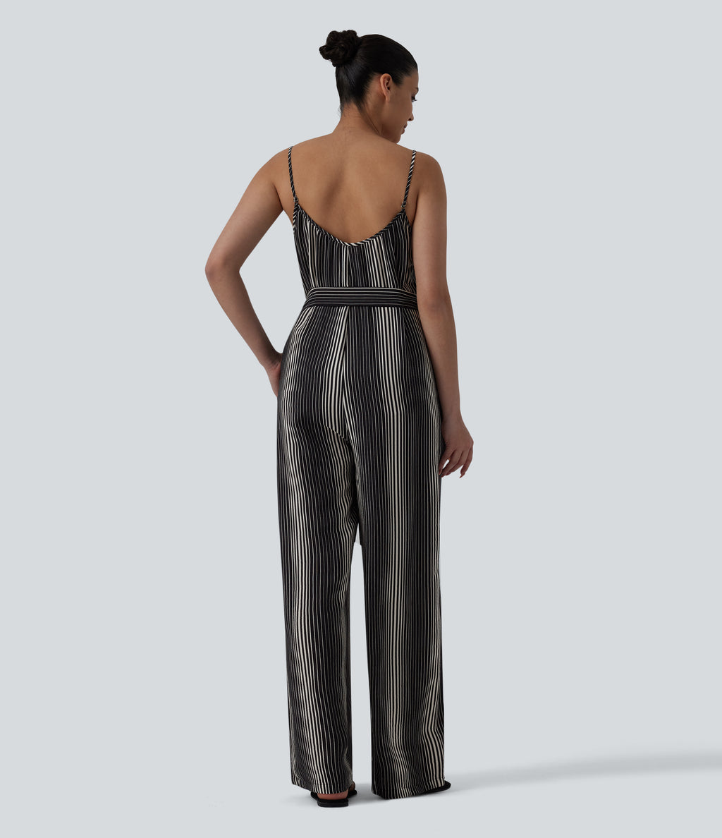Tie Side Stripe Casual Slip Jumpsuit with Pockets — Midnight Sketch Stripe — view 2