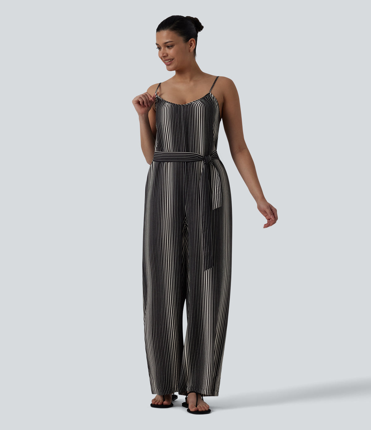 Tie Side Stripe Casual Slip Jumpsuit with Pockets — Midnight Sketch Stripe — view 4