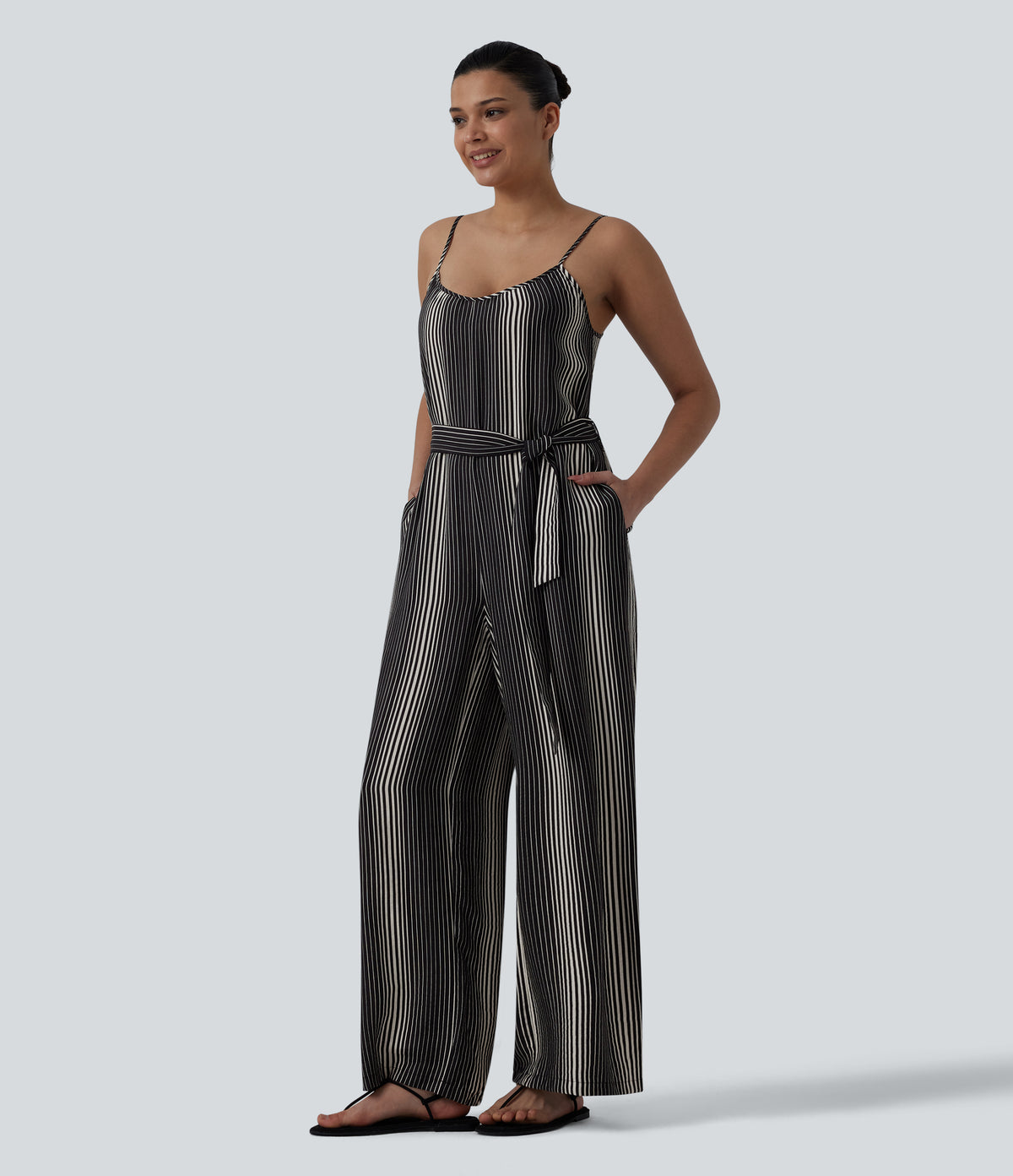 Tie Side Stripe Casual Slip Jumpsuit with Pockets — Midnight Sketch Stripe — view 3
