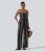 Tie Side Stripe Casual Slip Jumpsuit with Pockets — Midnight Sketch Stripe — view 1