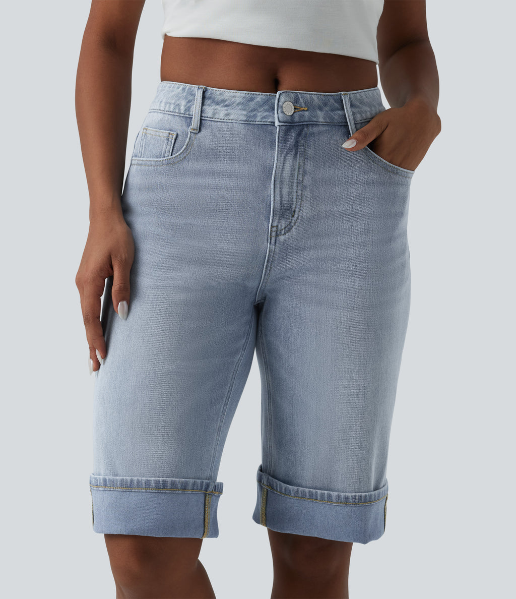 Mid Rise Denim Casual Shorts with Pockets — Baltic Sea Blue Denim — view 4