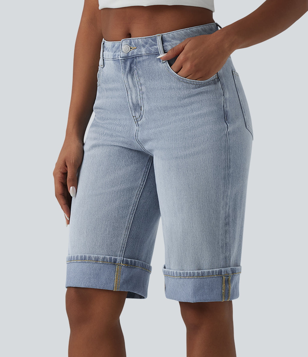 Mid Rise Denim Casual Shorts with Pockets — Baltic Sea Blue Denim — view 3