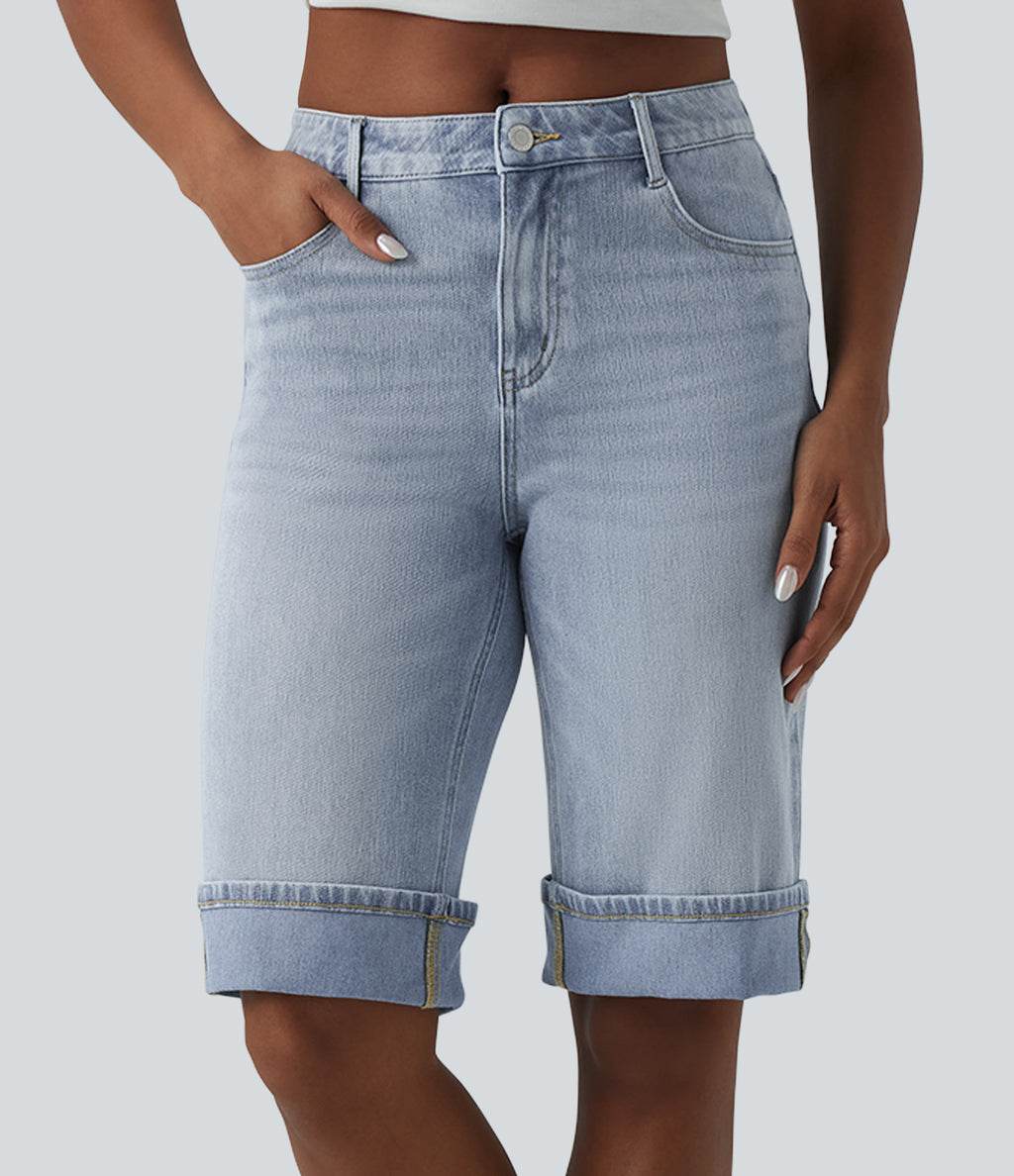 Mid Rise Denim Casual Shorts with Pockets — Baltic Sea Blue Denim — view 1
