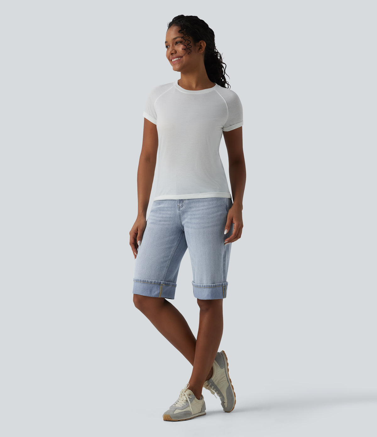 Mid Rise Denim Casual Shorts with Pockets — Baltic Sea Blue Denim — view 6