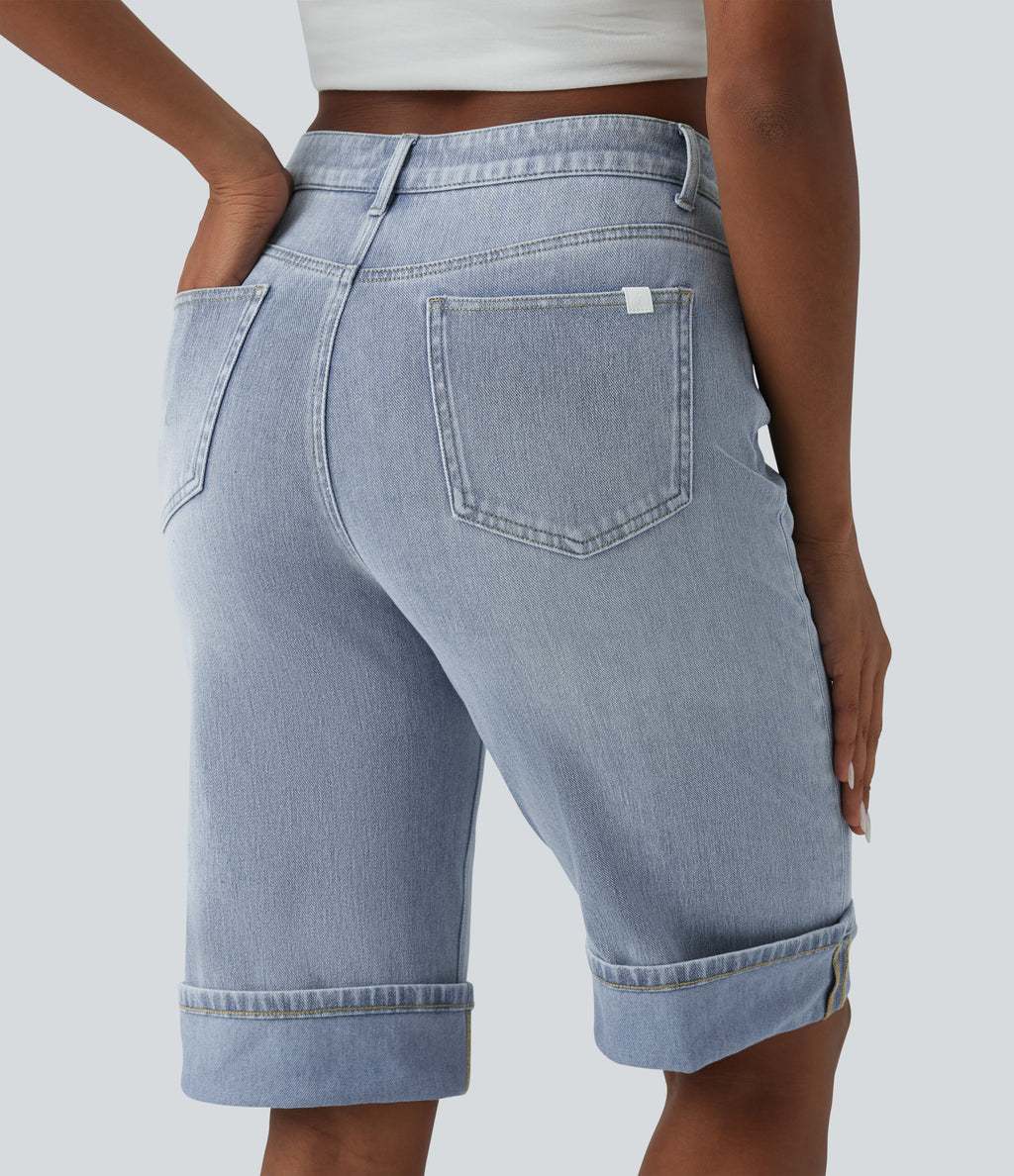 Mid Rise Denim Casual Shorts with Pockets — Baltic Sea Blue Denim — view 5