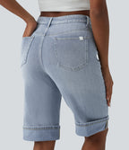 Mid Rise Denim Casual Shorts with Pockets — Baltic Sea Blue Denim — view 5