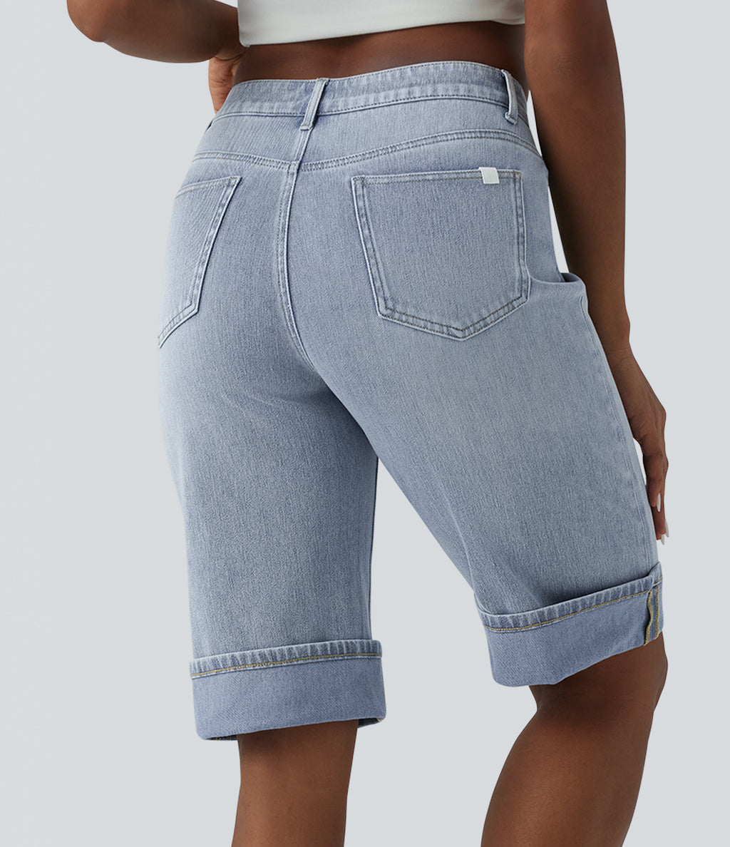 Mid Rise Denim Casual Shorts with Pockets — Baltic Sea Blue Denim — view 2