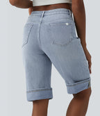 Mid Rise Denim Casual Shorts with Pockets — Baltic Sea Blue Denim — view 2