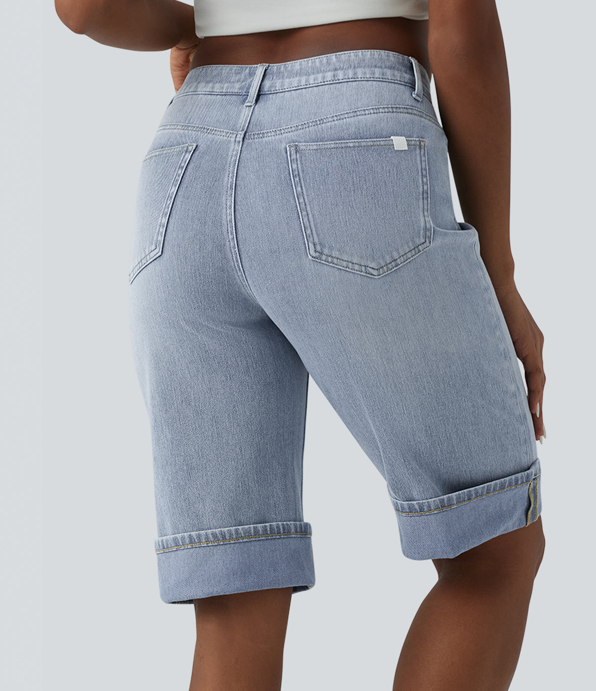 Mid Rise Denim Casual Shorts with Pockets — Baltic Sea Blue Denim — view 2