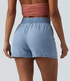 High Waisted Drawstring Frill Trim Draped Denim Casual Baggy Shorts with Pockets — Malibu Blue Denim — view 2