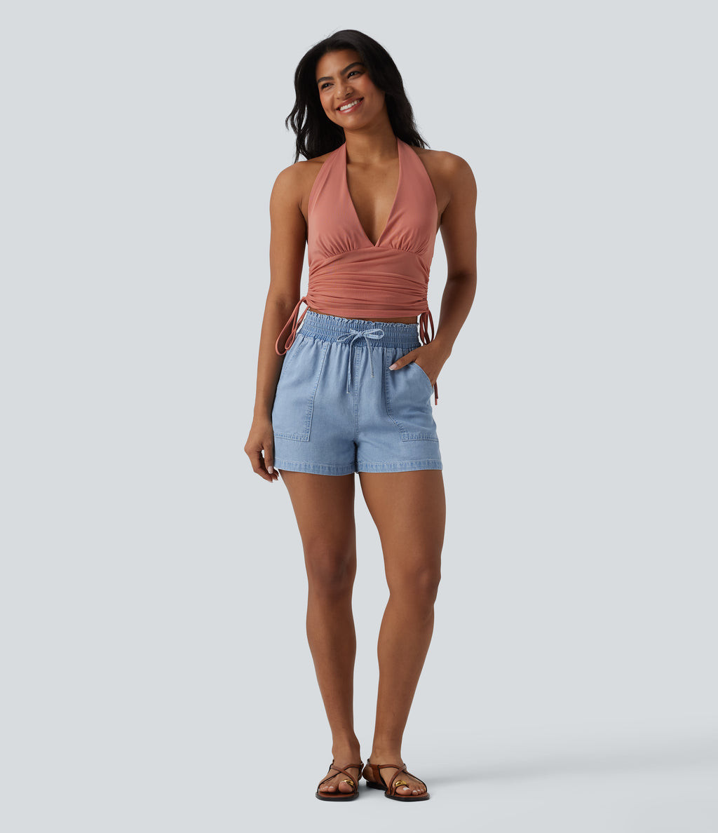High Waisted Drawstring Frill Trim Draped Denim Casual Baggy Shorts with Pockets — Malibu Blue Denim — view 5