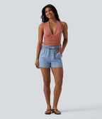 High Waisted Drawstring Frill Trim Draped Denim Casual Baggy Shorts with Pockets — Malibu Blue Denim — view 5