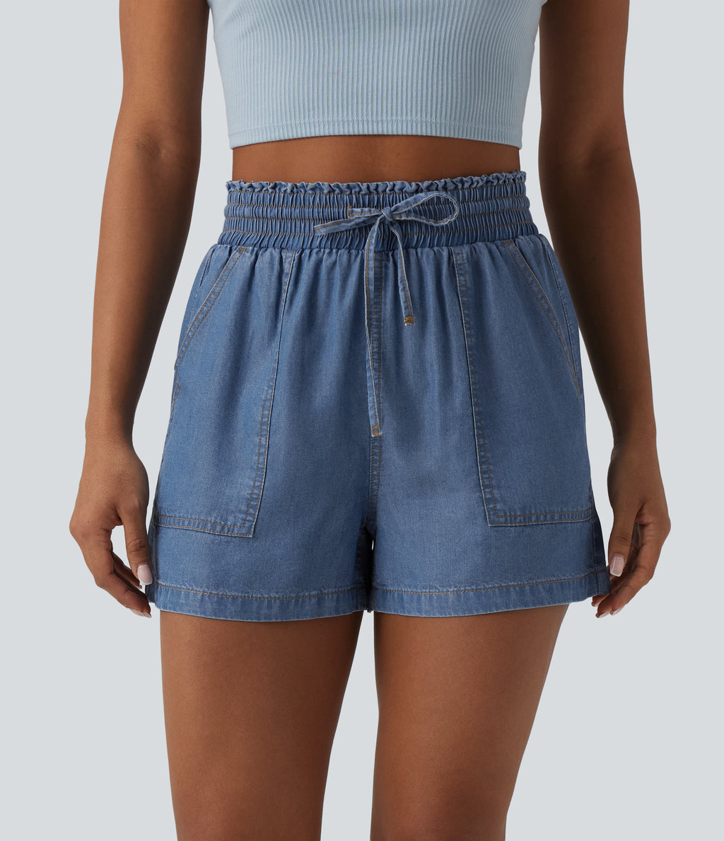 High Waisted Drawstring Frill Trim Draped Denim Casual Baggy Shorts with Pockets — Tide Blue Denim — view 6