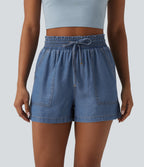High Waisted Drawstring Frill Trim Draped Denim Casual Baggy Shorts with Pockets — Tide Blue Denim — view 6