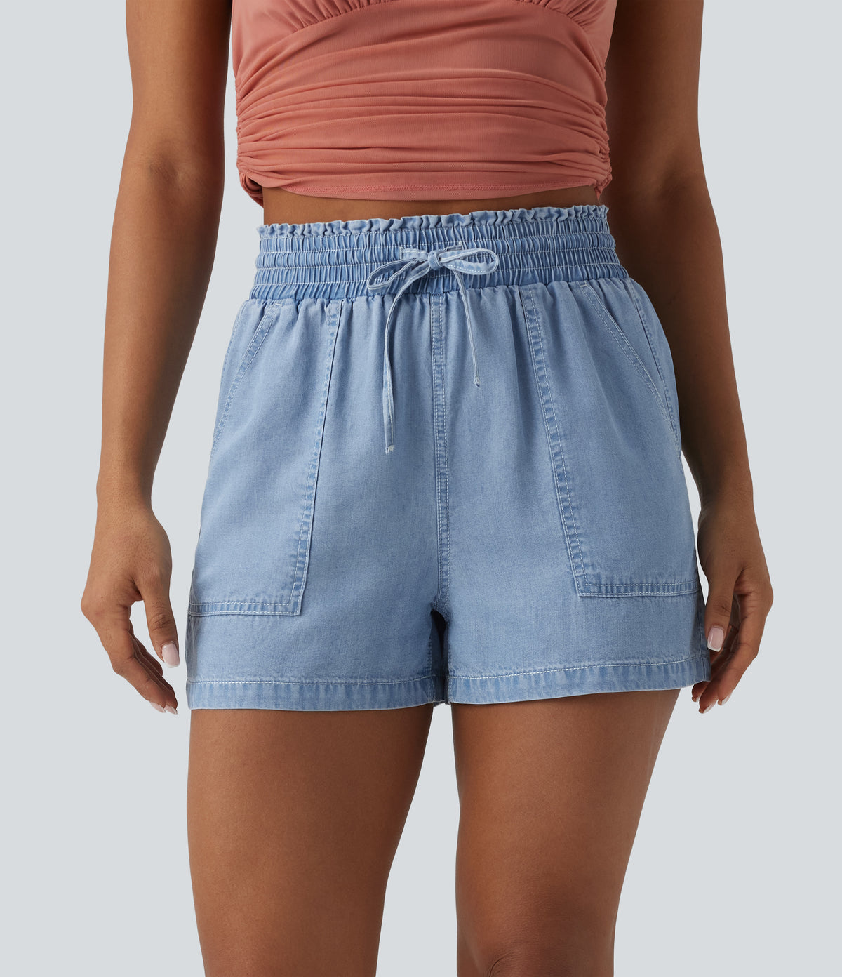 High Waisted Drawstring Frill Trim Draped Denim Casual Baggy Shorts with Pockets — Malibu Blue Denim — view 1