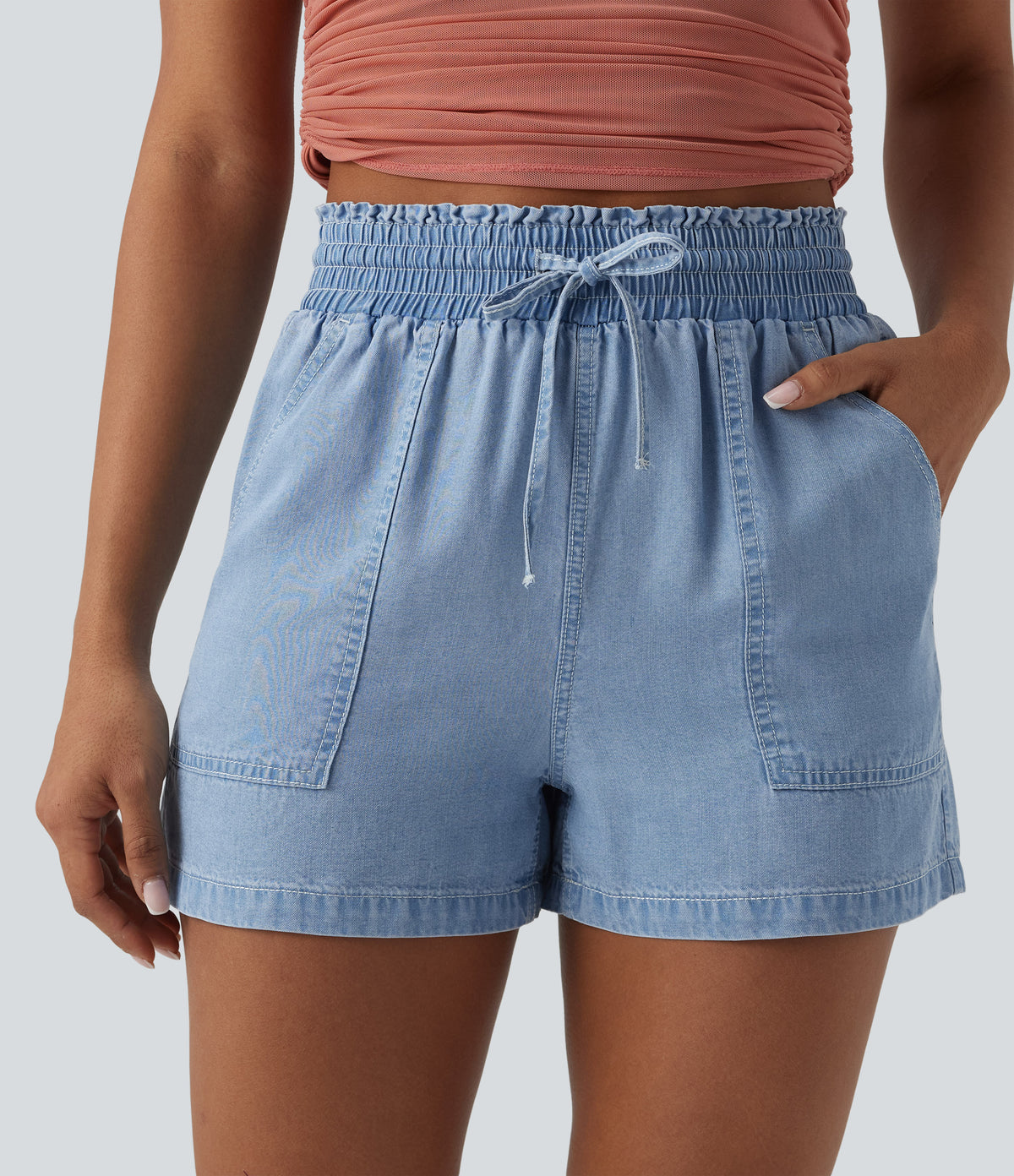 High Waisted Drawstring Frill Trim Draped Denim Casual Baggy Shorts with Pockets — Malibu Blue Denim — view 4