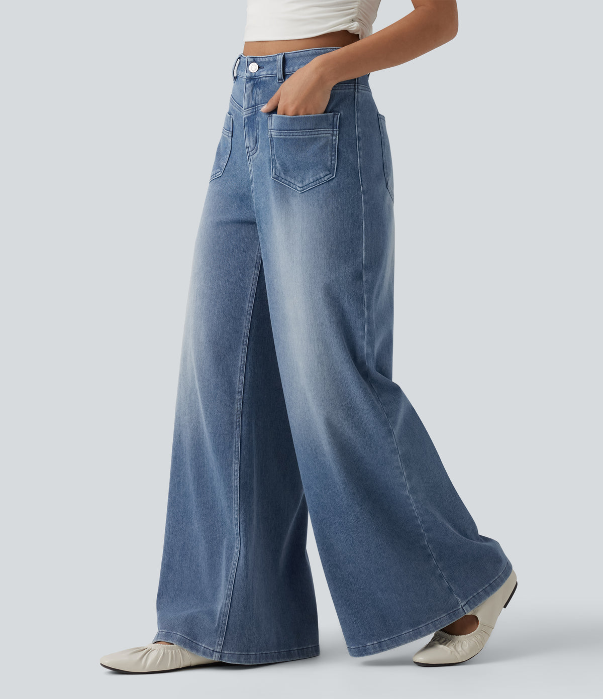 Mid Rise Casual Baggy Jeans with Pockets — Powder Blue Denim — view 2