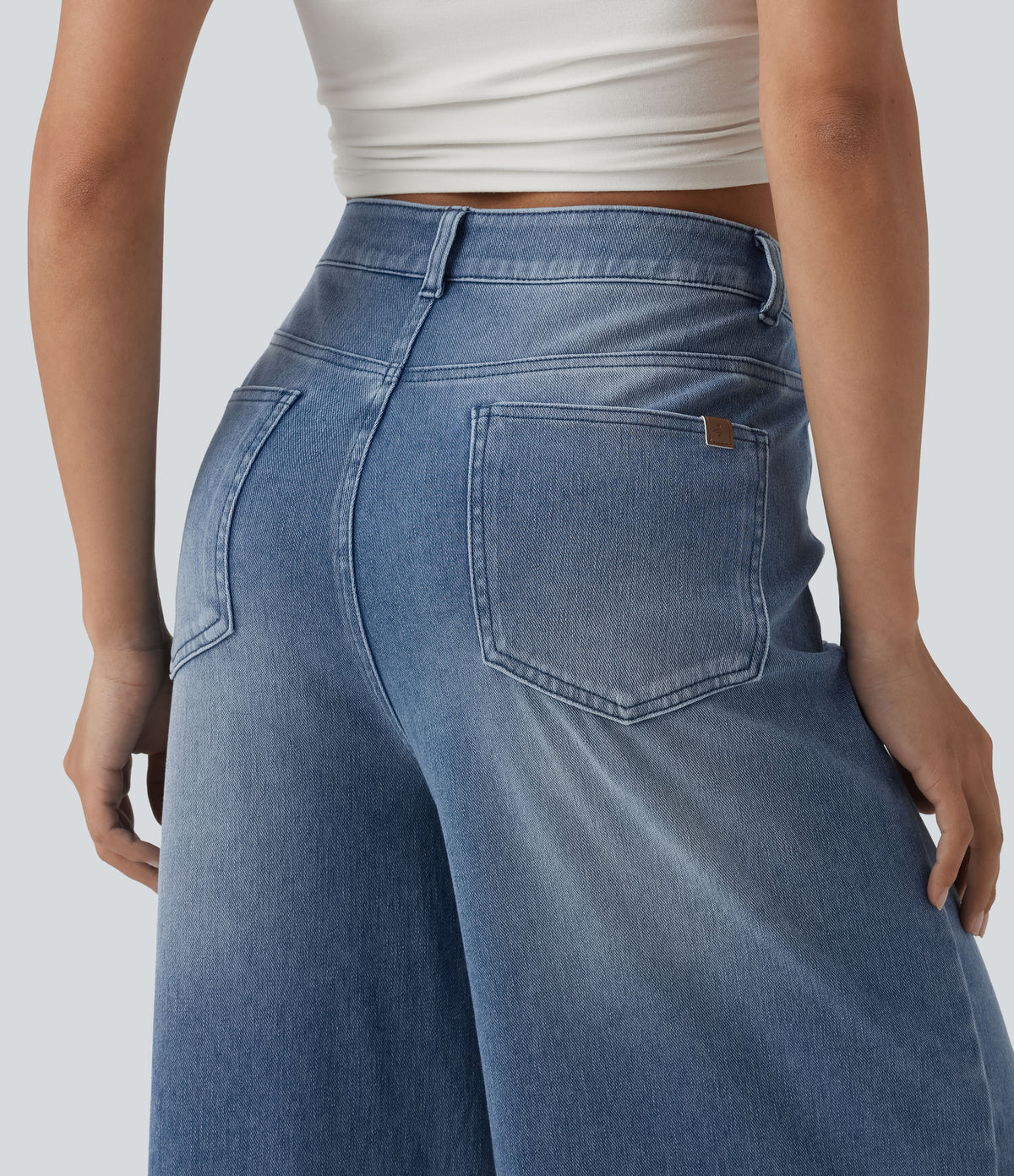 Mid Rise Casual Baggy Jeans with Pockets — Powder Blue Denim — view 5