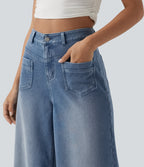 Mid Rise Casual Baggy Jeans with Pockets — Powder Blue Denim — view 4