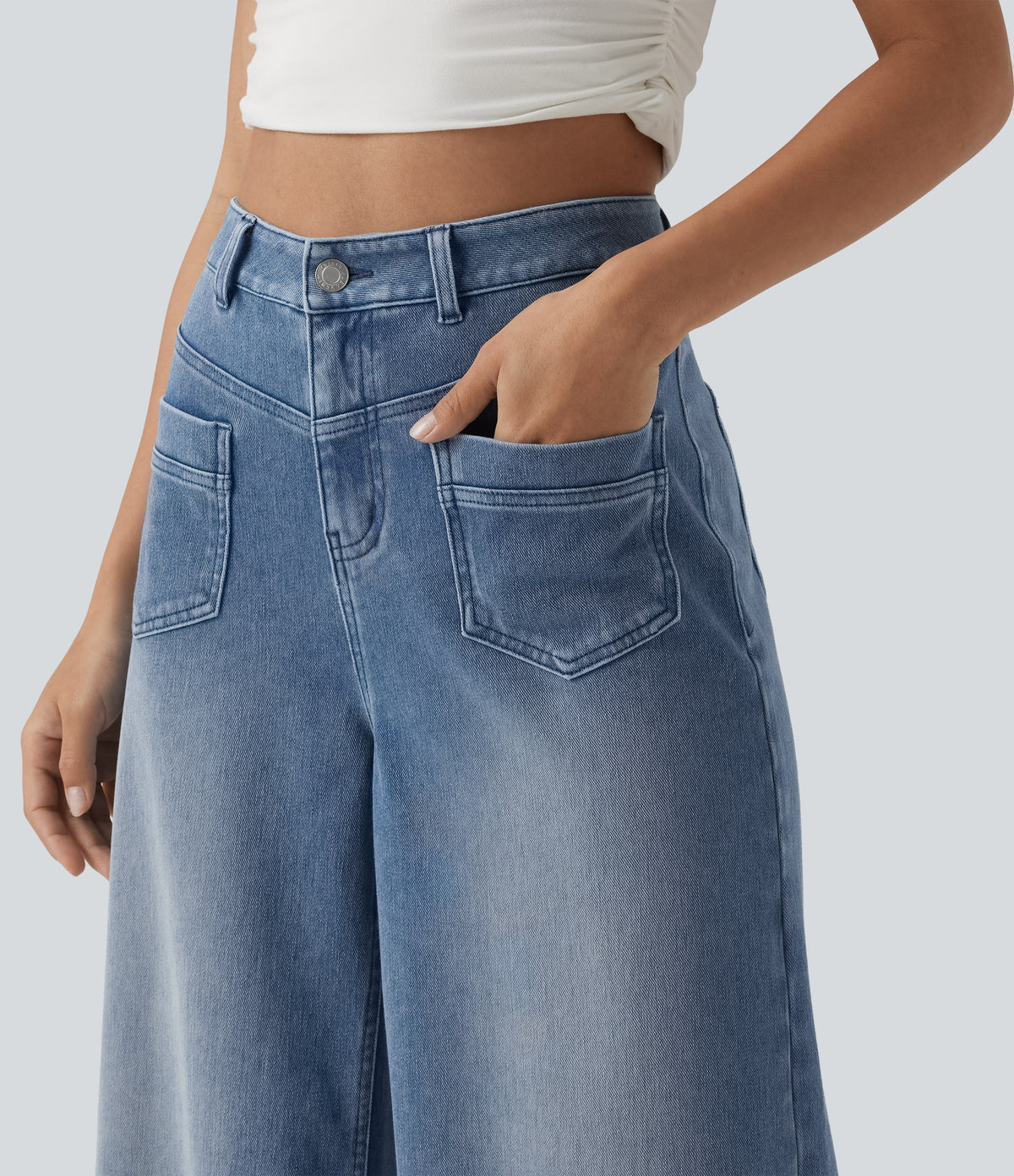 Mid Rise Casual Baggy Jeans with Pockets — Powder Blue Denim — view 4