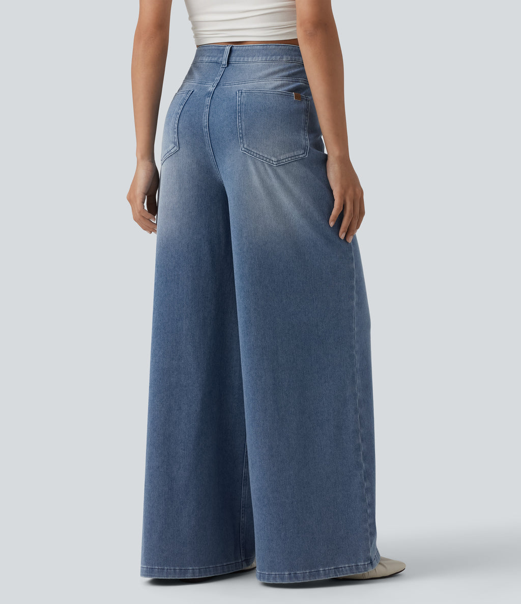 Mid Rise Casual Baggy Jeans with Pockets — Powder Blue Denim — view 3