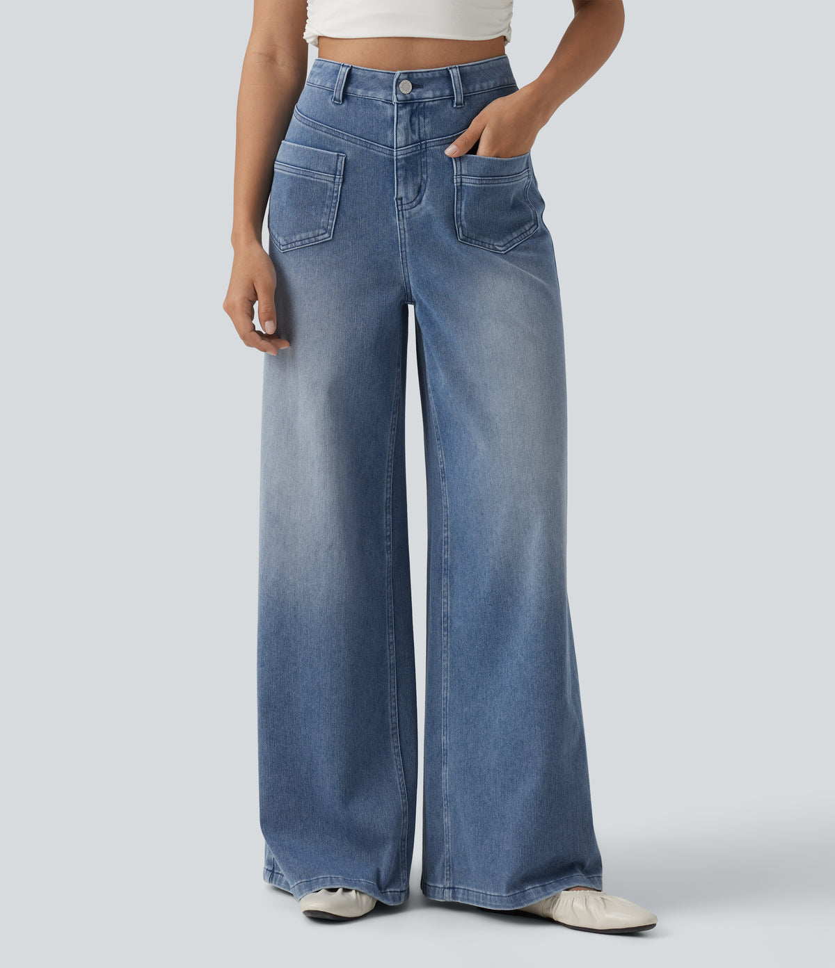 Mid Rise Casual Baggy Jeans with Pockets — Powder Blue Denim — view 1
