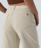 Asymmetric Mid Rise Stripes Casual Baggy Jeans with Pockets — Off-White — view 5