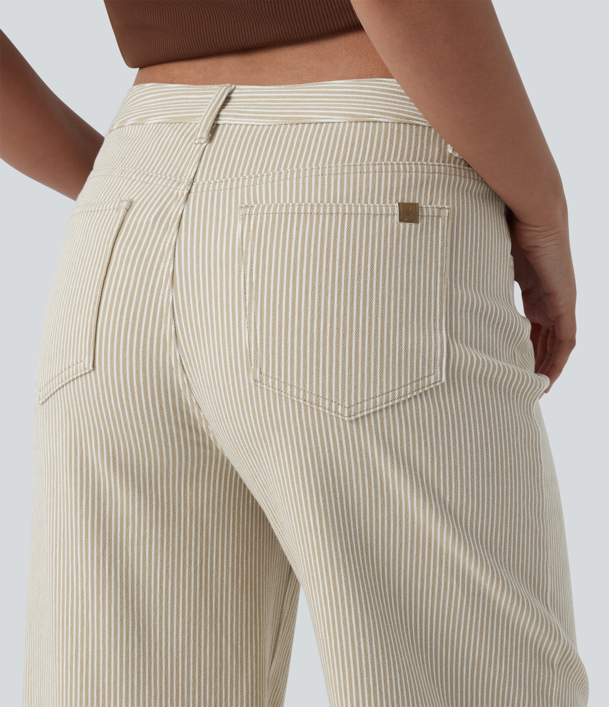 Asymmetric Mid Rise Stripes Casual Baggy Jeans with Pockets — Off-White — view 5