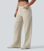 Asymmetric Mid Rise Stripes Casual Baggy Jeans with Pockets — Off-White — view 1
