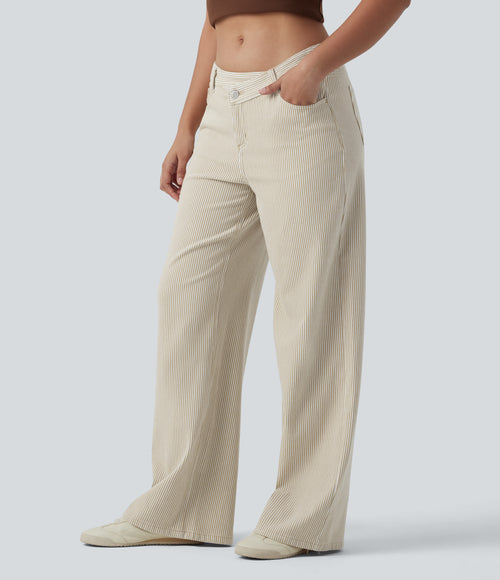 Asymmetric Mid Rise Stripes Casual Baggy Jeans with Pockets — Off-White — view 1