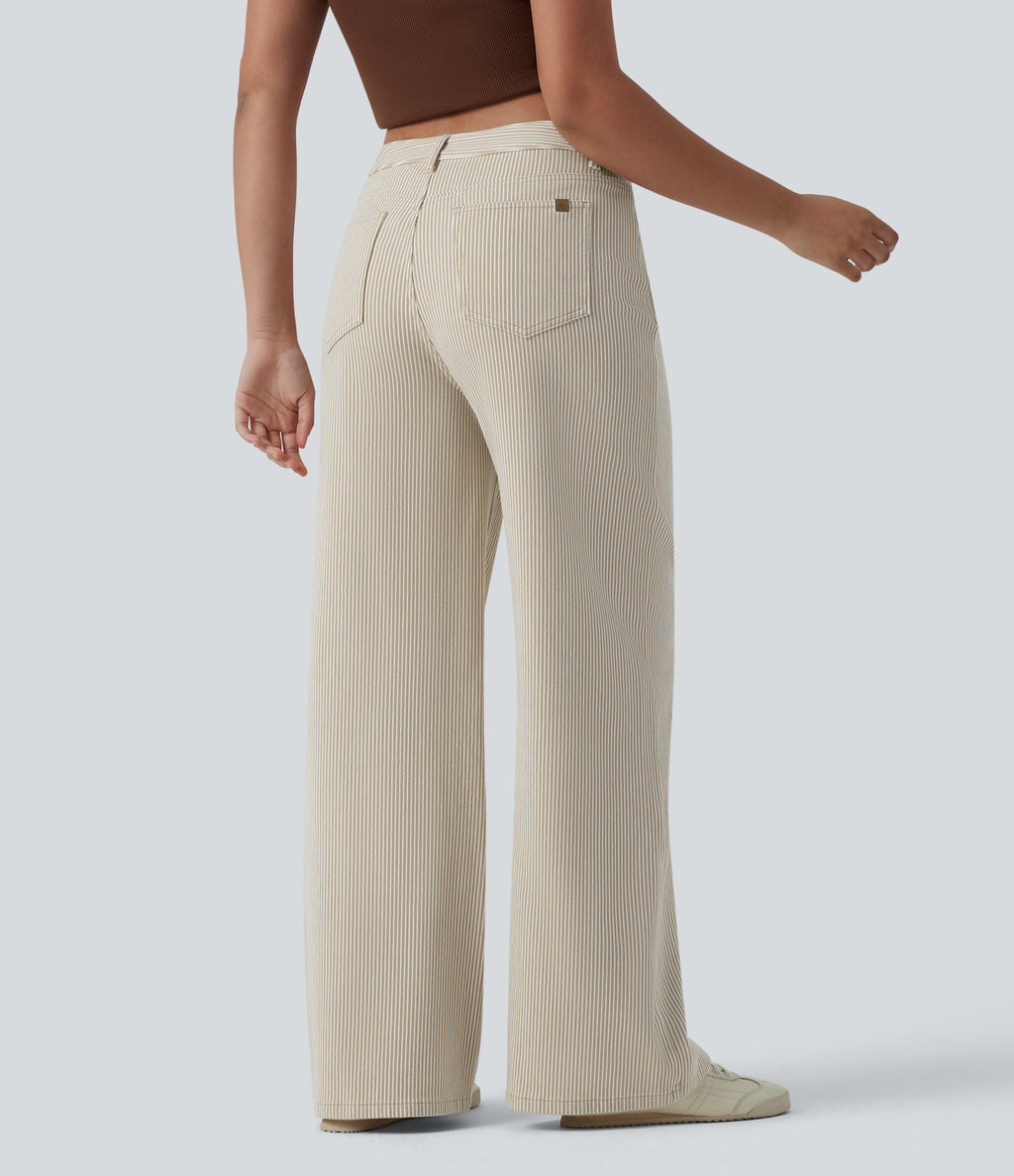 Asymmetric Mid Rise Stripes Casual Baggy Jeans with Pockets — Off-White — view 2