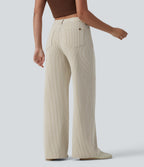 Asymmetric Mid Rise Stripes Casual Baggy Jeans with Pockets — Off-White — view 2