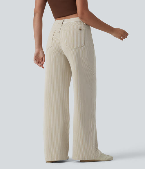 Asymmetric Mid Rise Stripes Casual Baggy Jeans with Pockets — Off-White — view 2