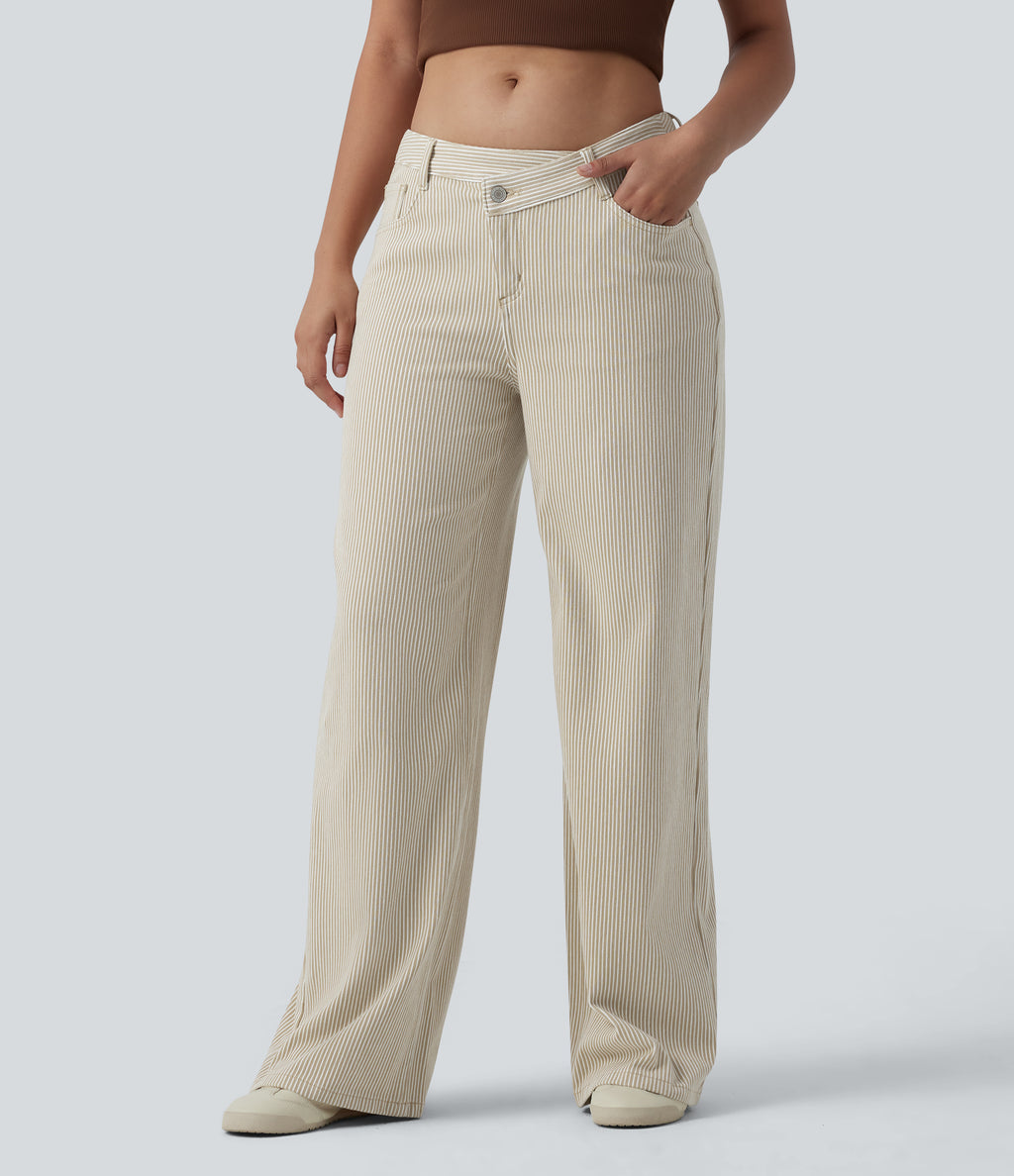 Asymmetric Mid Rise Stripes Casual Baggy Jeans with Pockets — Off-White — view 3