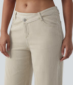 Asymmetric Mid Rise Stripes Casual Baggy Jeans with Pockets — Off-White — view 4